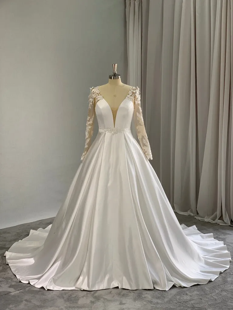 Plunge Neckline 3D Floral Lace Satin Full A-line Wedding Dress | Taylor