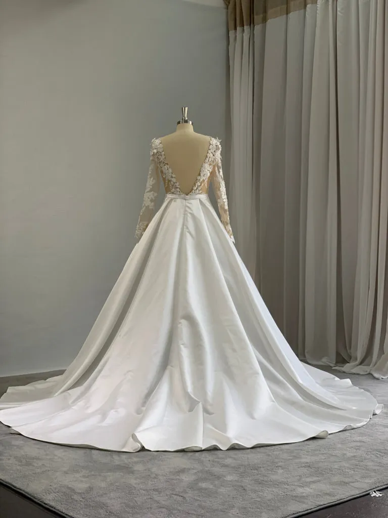 Plunge Neckline 3D Floral Lace Satin Full A-line Wedding Dress | Taylor