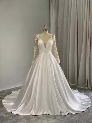 Plunge Neckline 3D Floral Lace Satin Full A-line Wedding Dress | Taylor