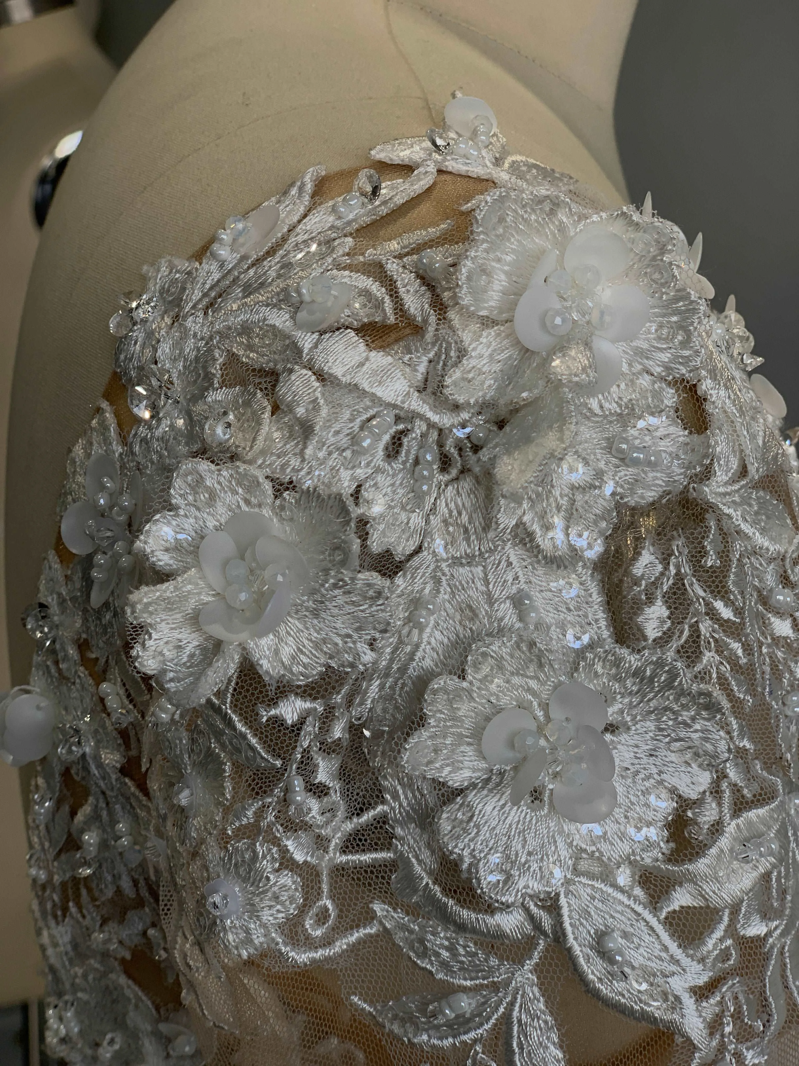 Plunge Neckline 3D Floral Lace Satin Full A-line Wedding Dress | Taylor