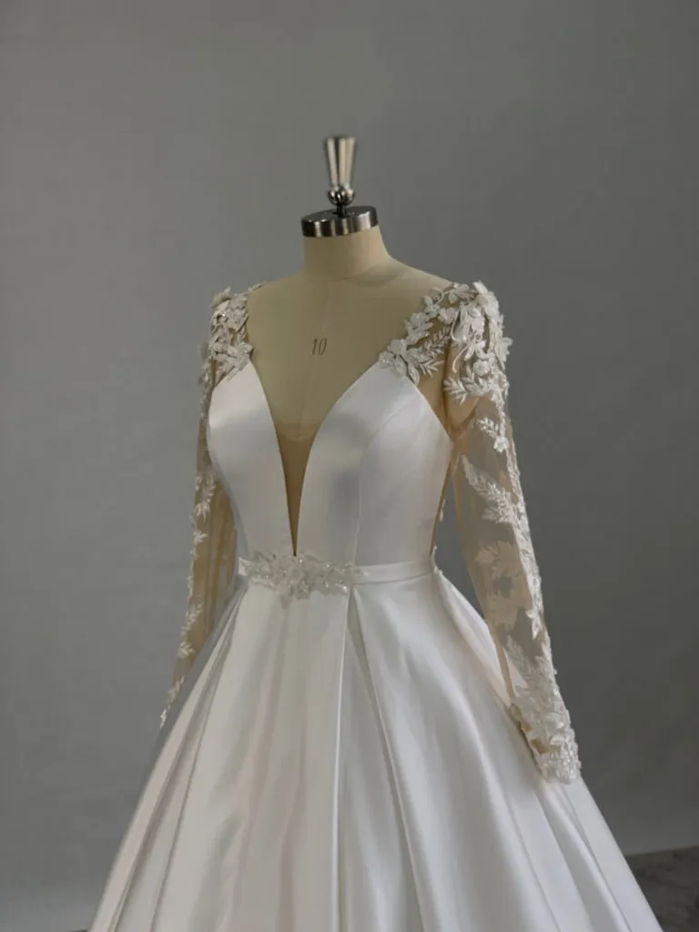 Plunge Neckline 3D Floral Lace Satin Full A-line Wedding Dress | Taylor