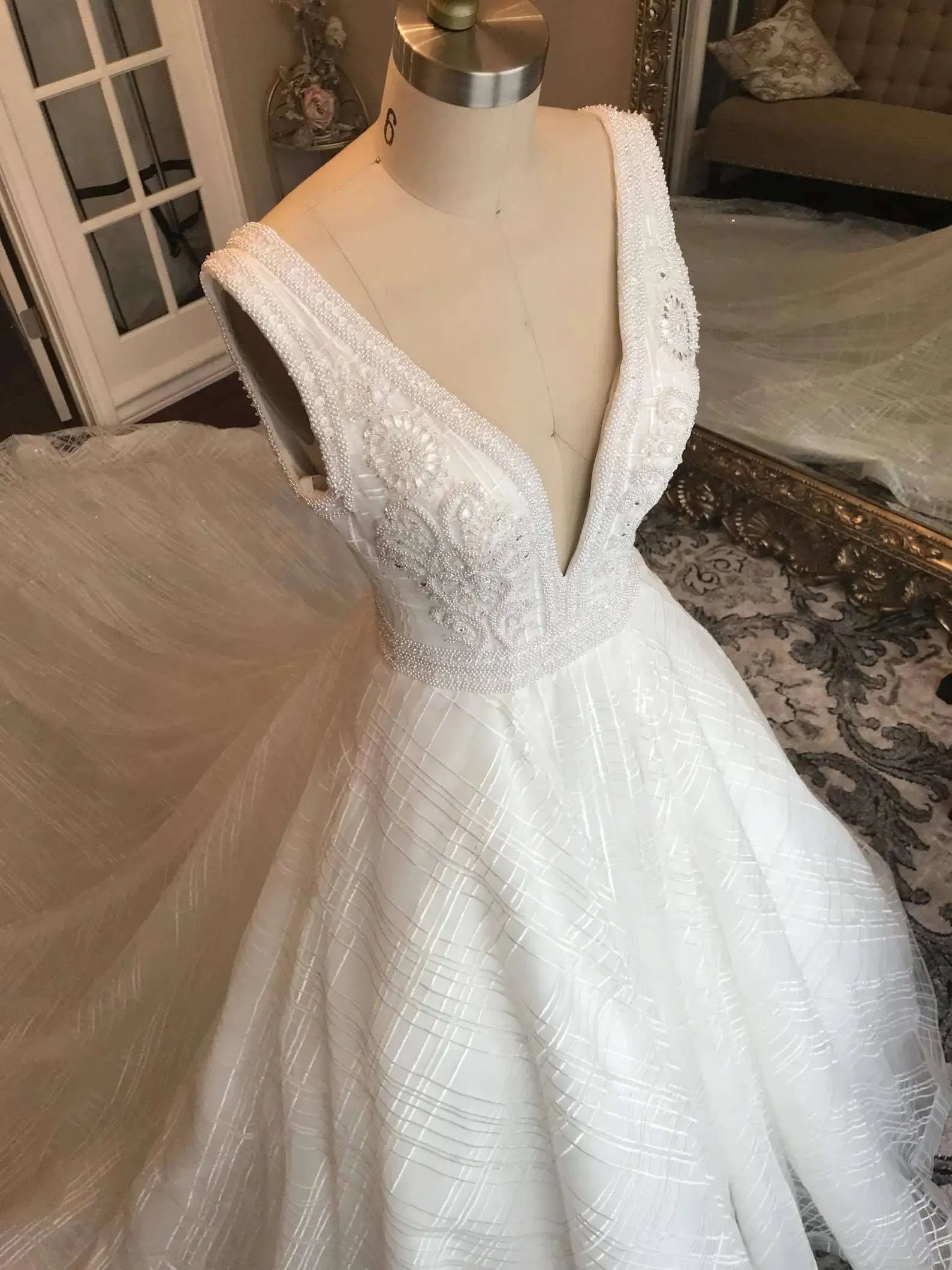 Plunge Neckline Beaded Bodice Full A-Line Wedding Dress | Anastasia