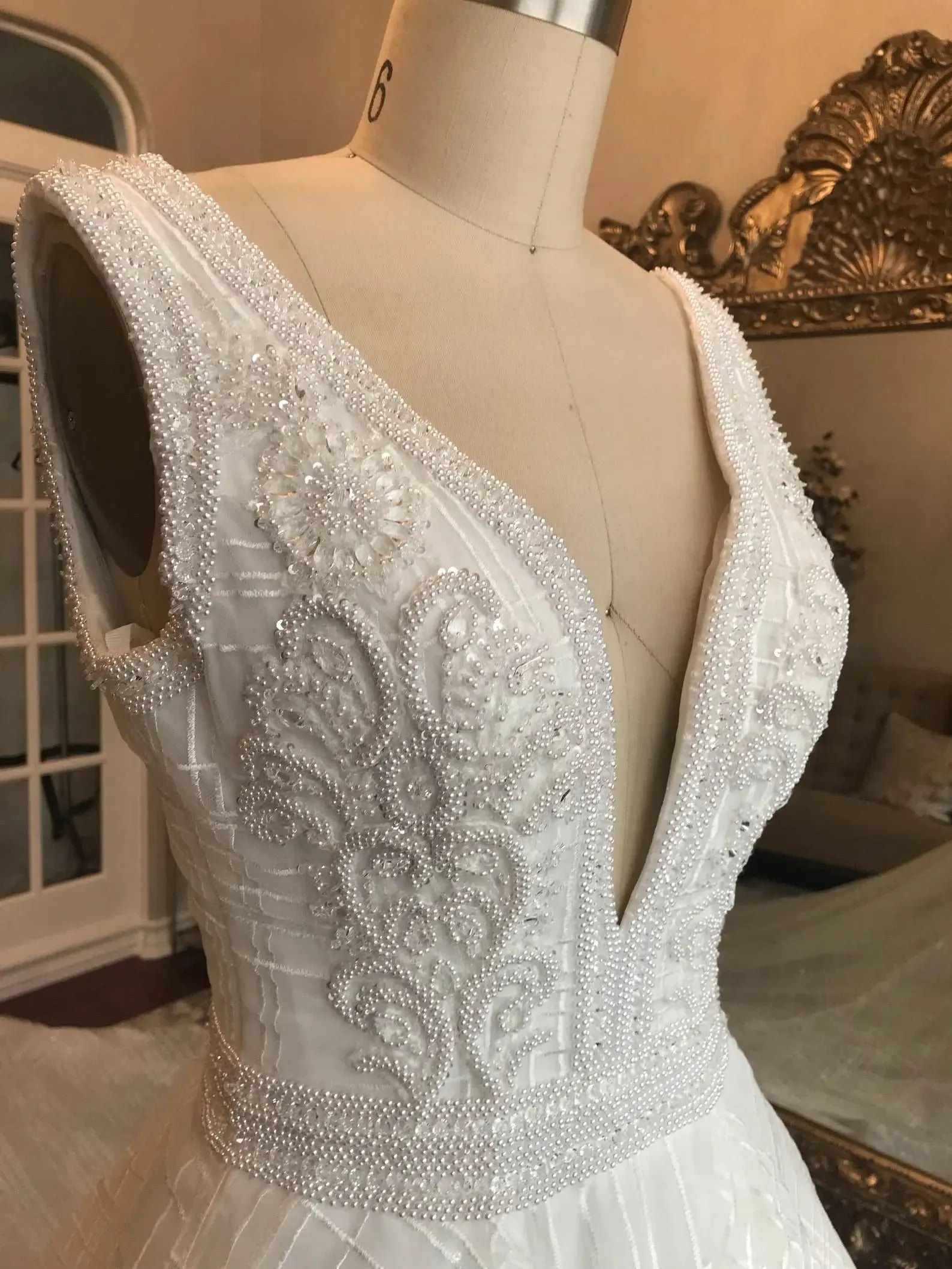 Plunge Neckline Beaded Bodice Full A-Line Wedding Dress | Anastasia