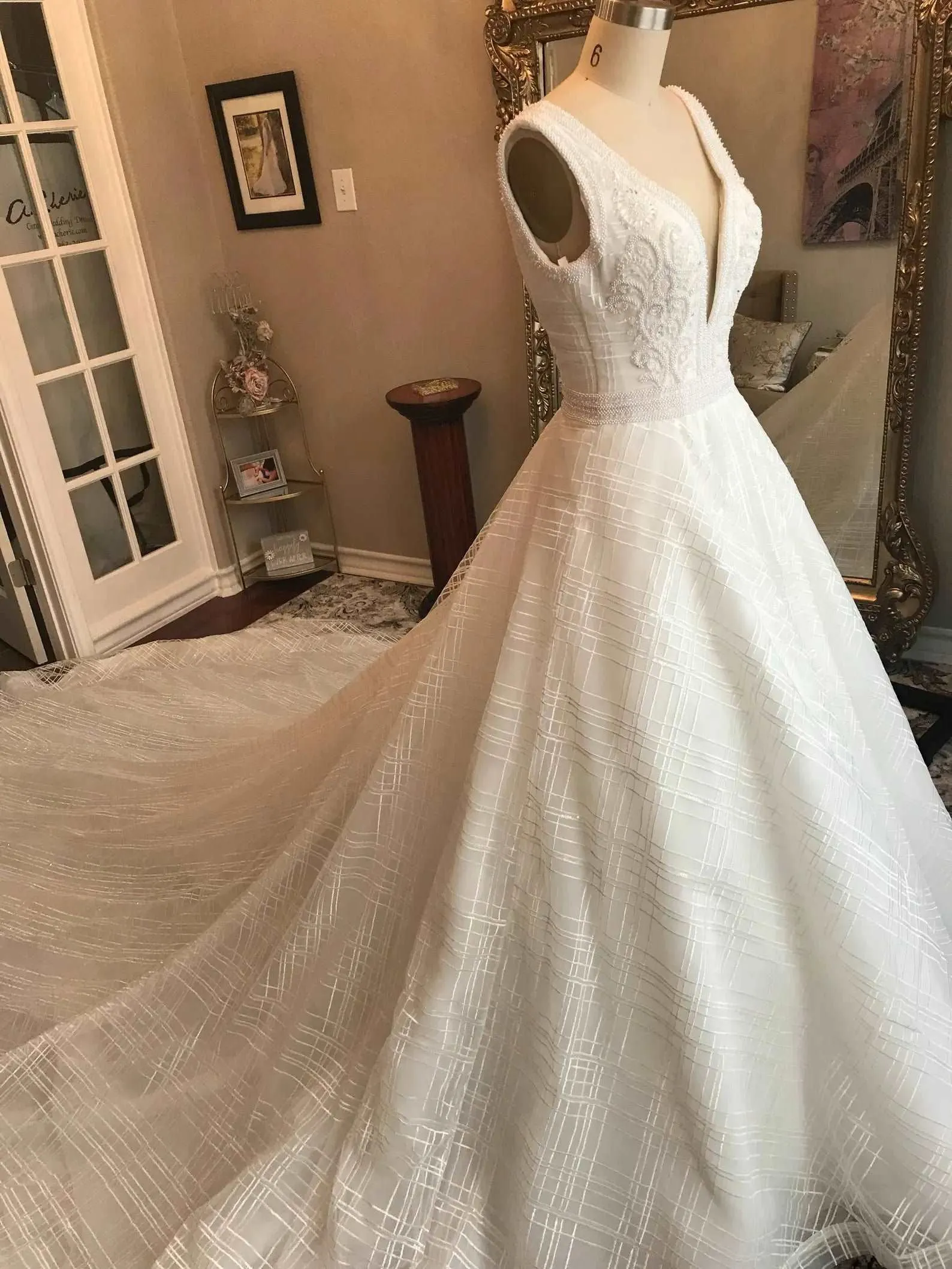 Plunge Neckline Beaded Bodice Full A-Line Wedding Dress | Anastasia