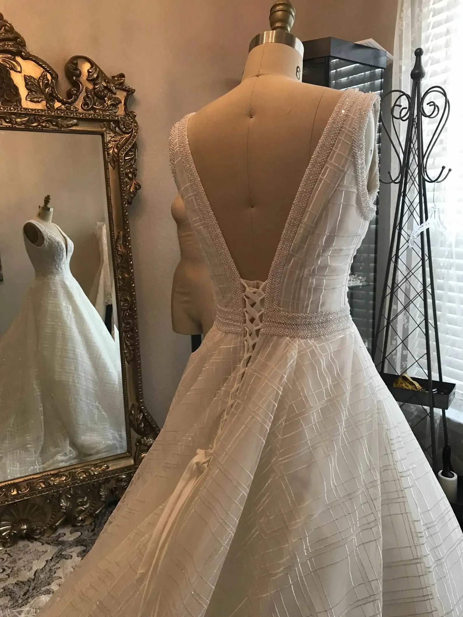 Plunge Neckline Beaded Bodice Full A-Line Wedding Dress | Anastasia