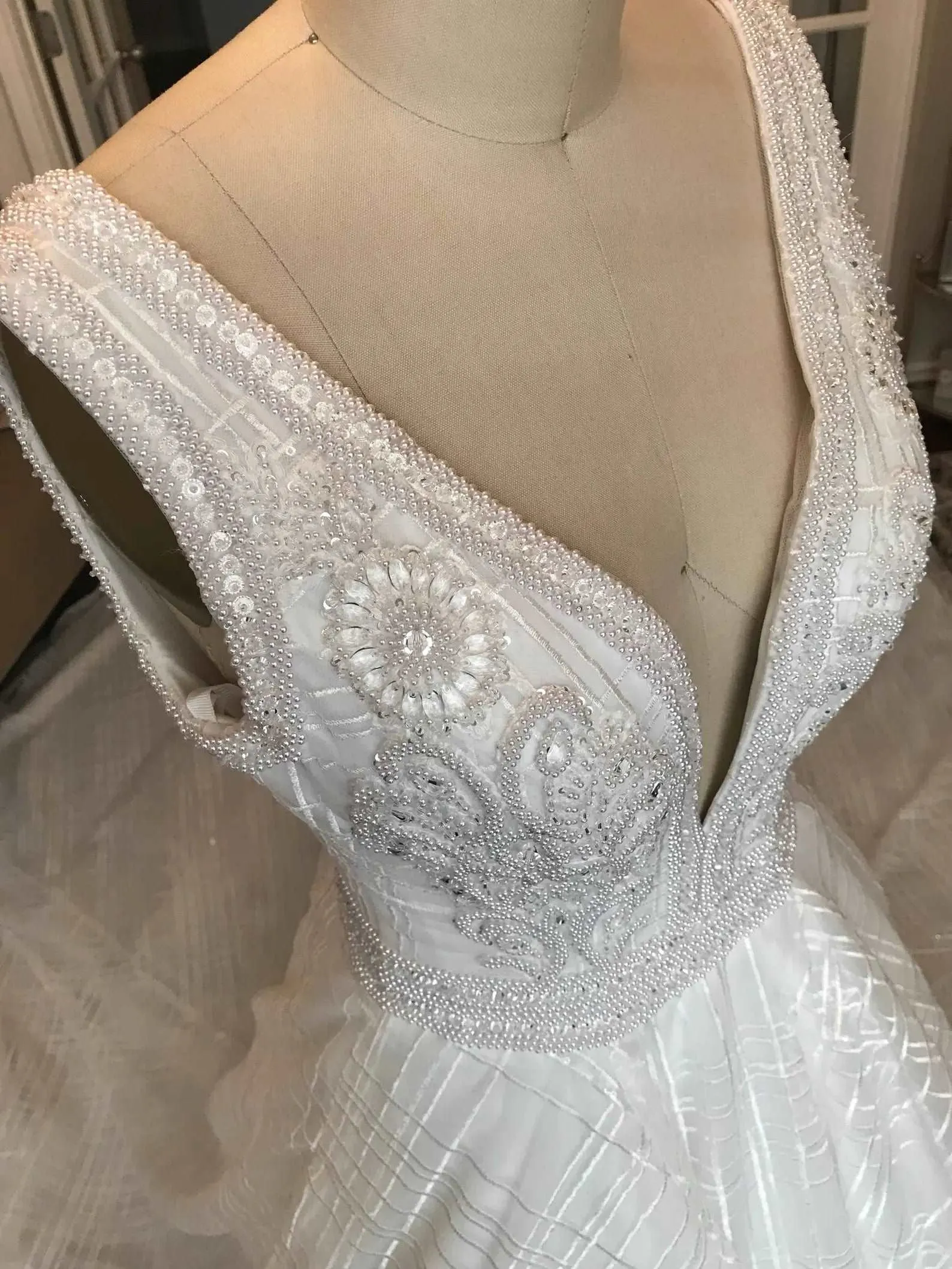 Plunge Neckline Beaded Bodice Full A-Line Wedding Dress | Anastasia