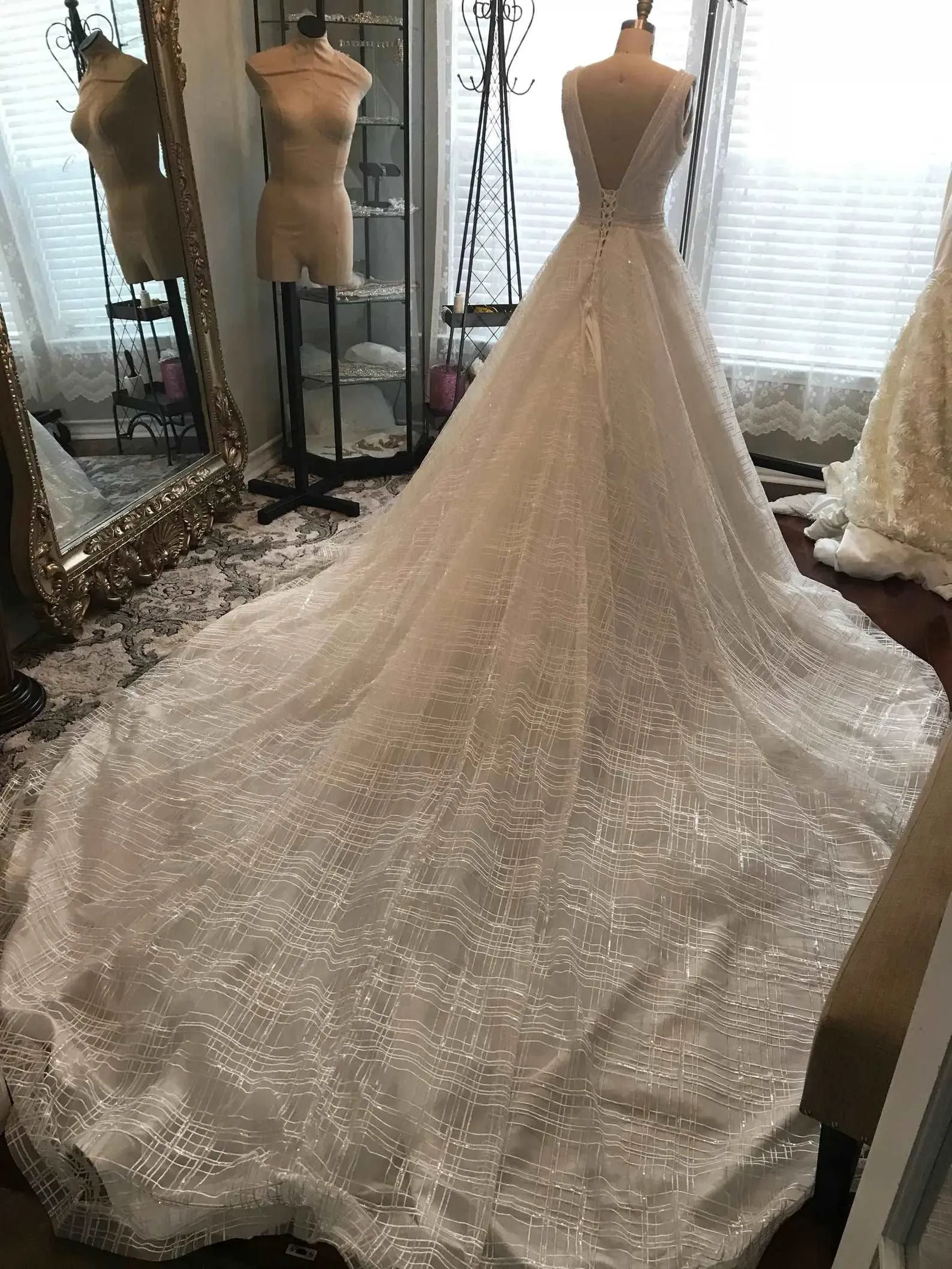 Plunge Neckline Beaded Bodice Full A-Line Wedding Dress | Anastasia