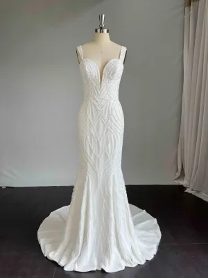 Plunge Neckline Beaded Wave Lace Crepe Fit & Flare Wedding Dress | Amelia