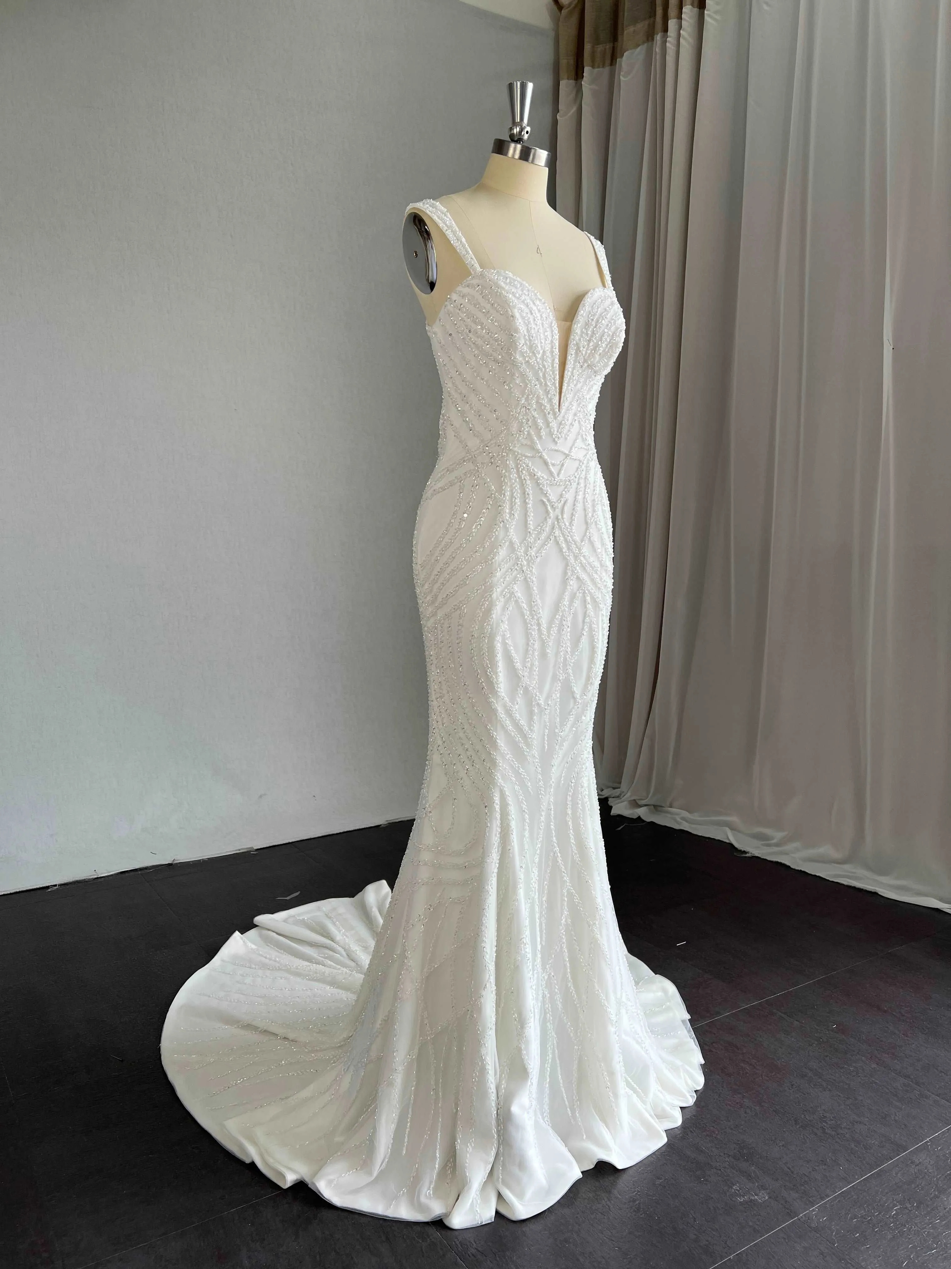 Plunge Neckline Beaded Wave Lace Crepe Fit & Flare Wedding Dress | Amelia