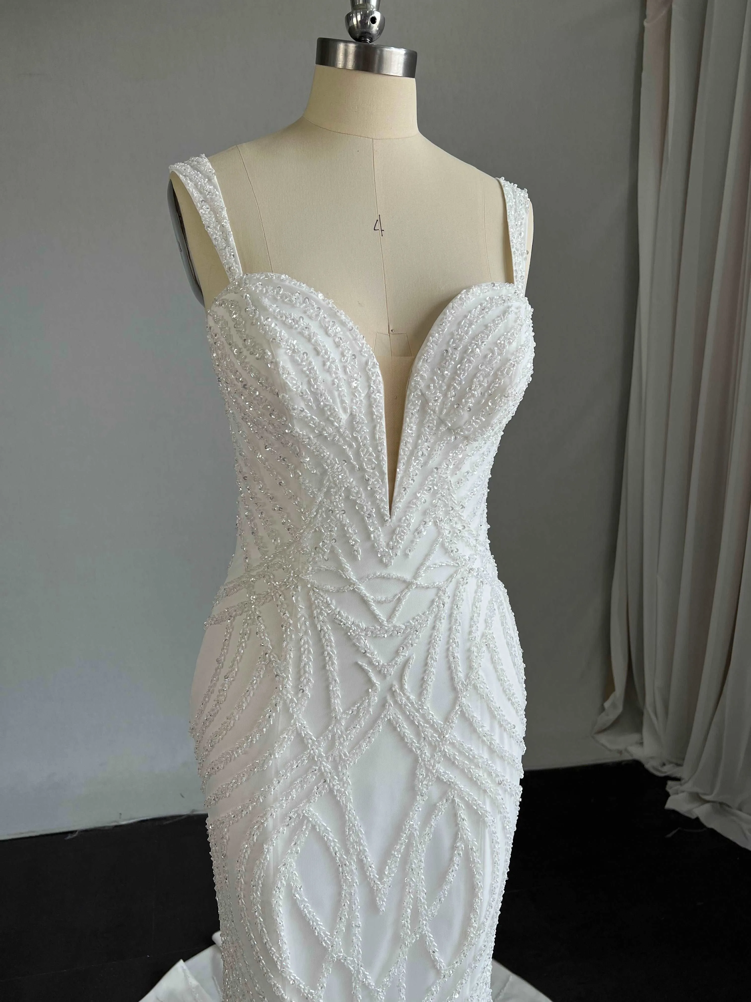 Plunge Neckline Beaded Wave Lace Crepe Fit & Flare Wedding Dress | Amelia