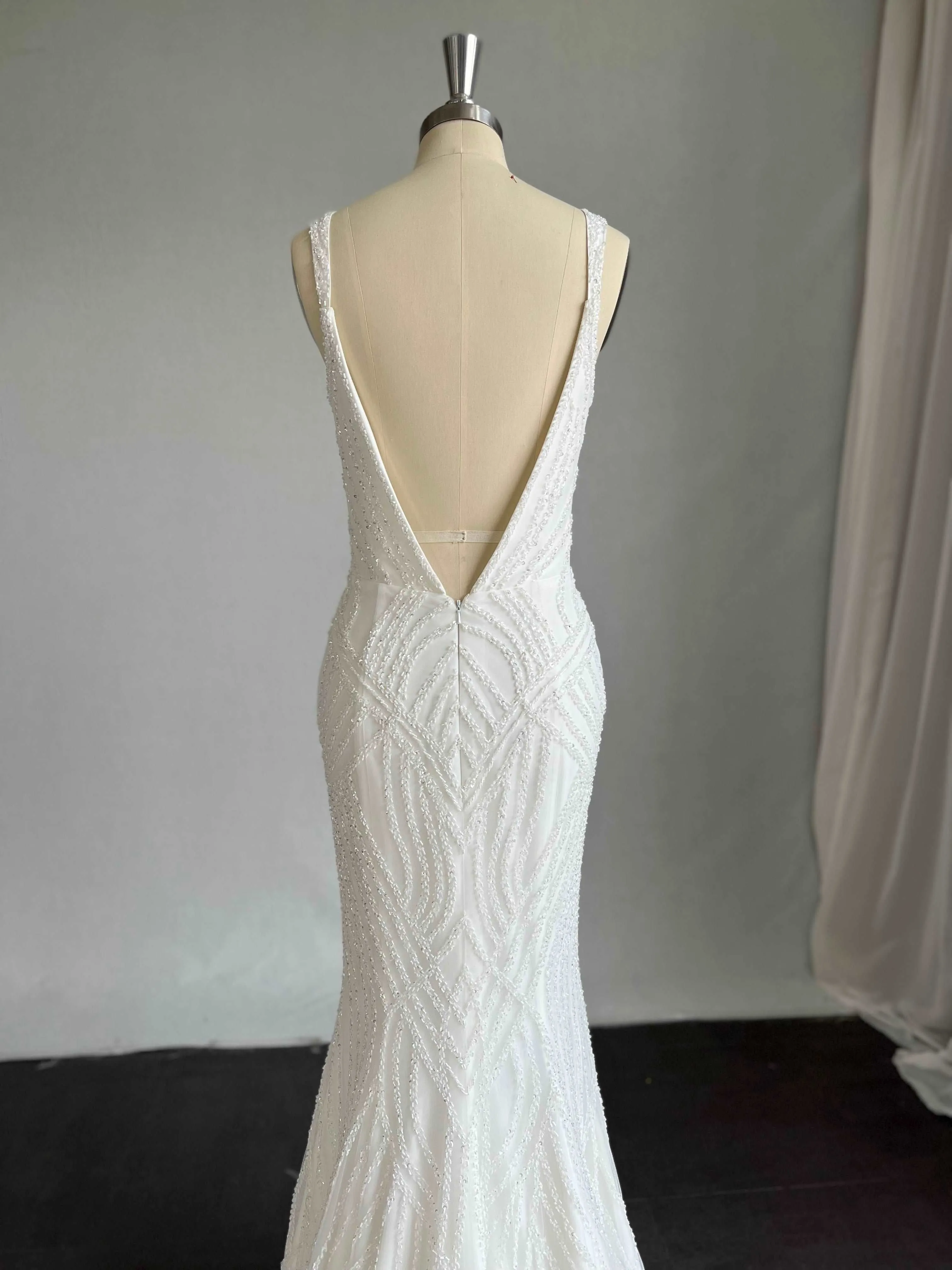 Plunge Neckline Beaded Wave Lace Crepe Fit & Flare Wedding Dress | Amelia