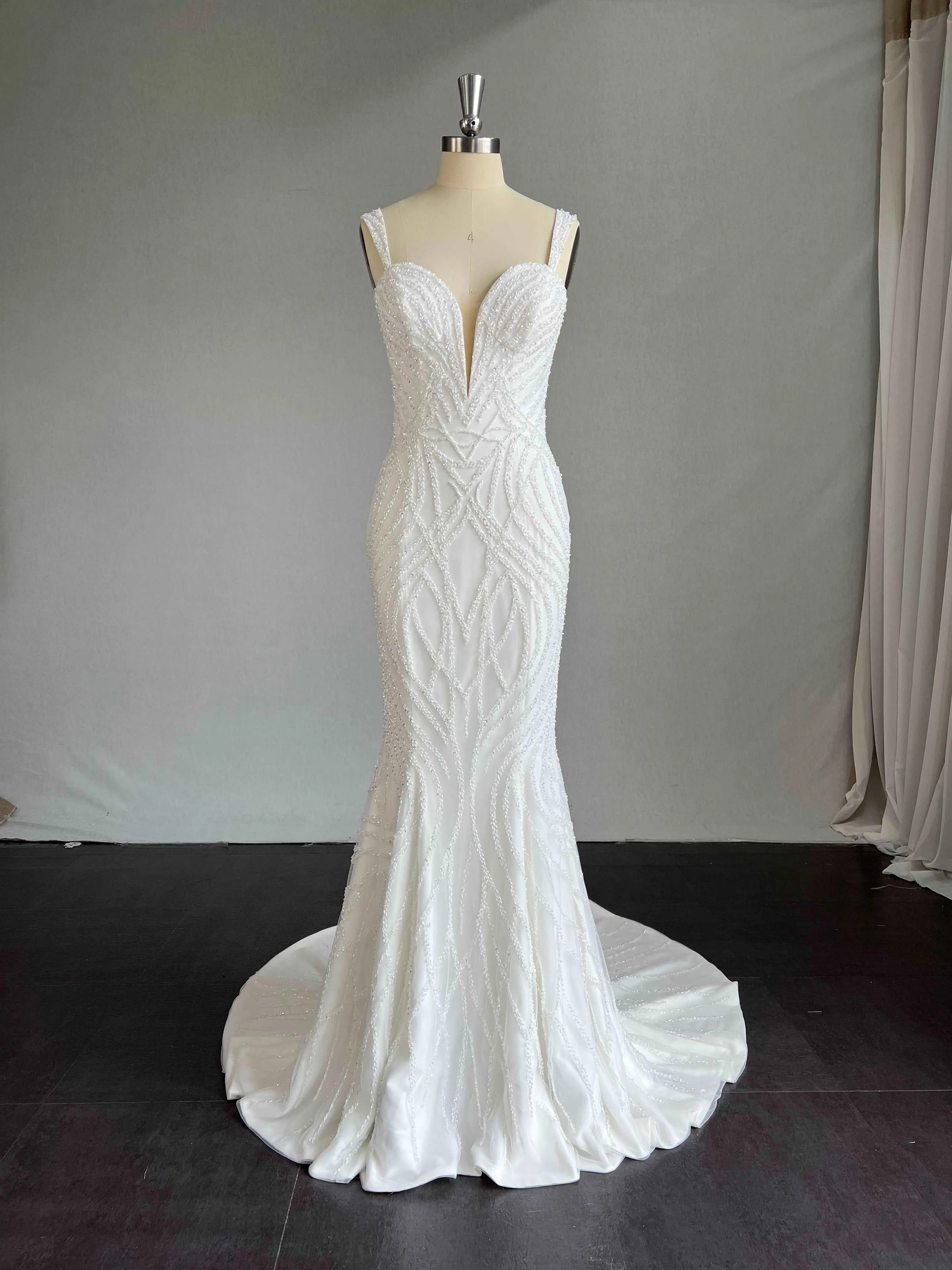 Plunge Neckline Beaded Wave Lace Crepe Fit & Flare Wedding Dress | Amelia