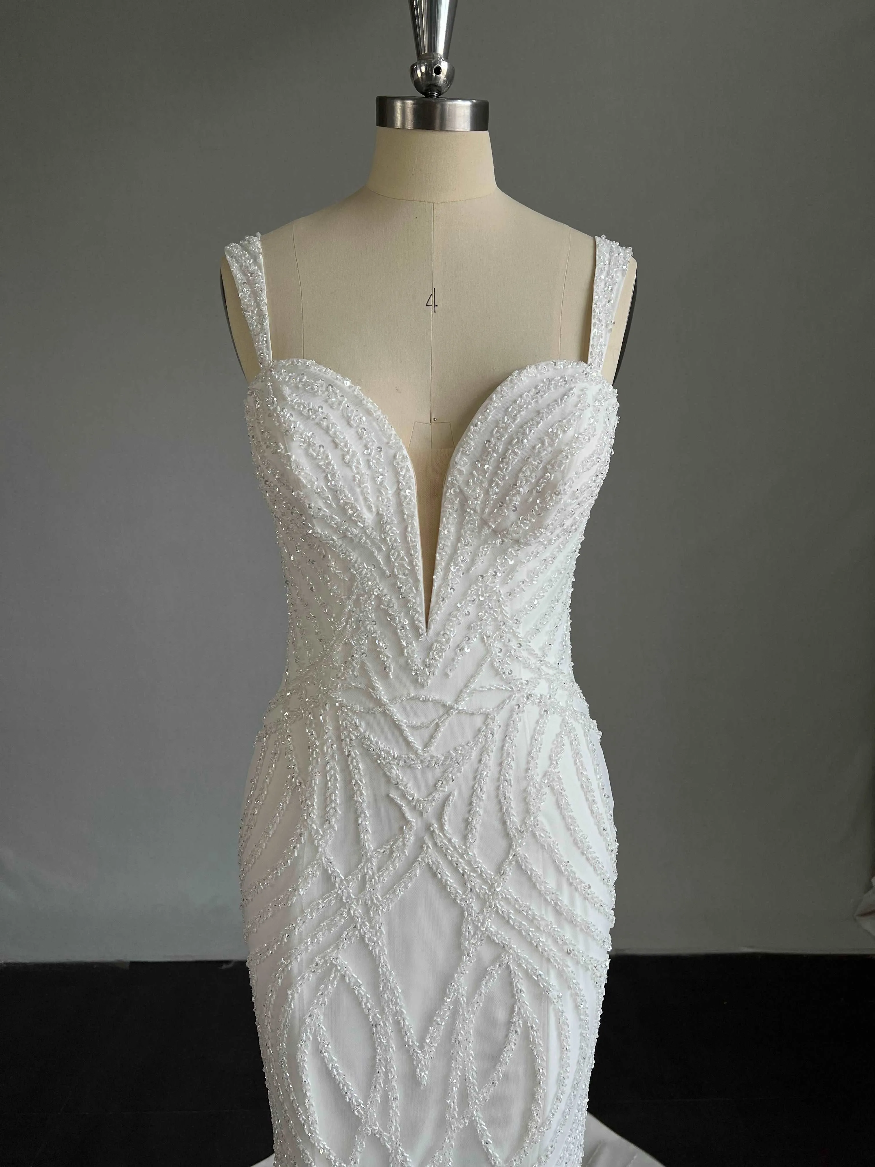 Plunge Neckline Beaded Wave Lace Crepe Fit & Flare Wedding Dress | Amelia