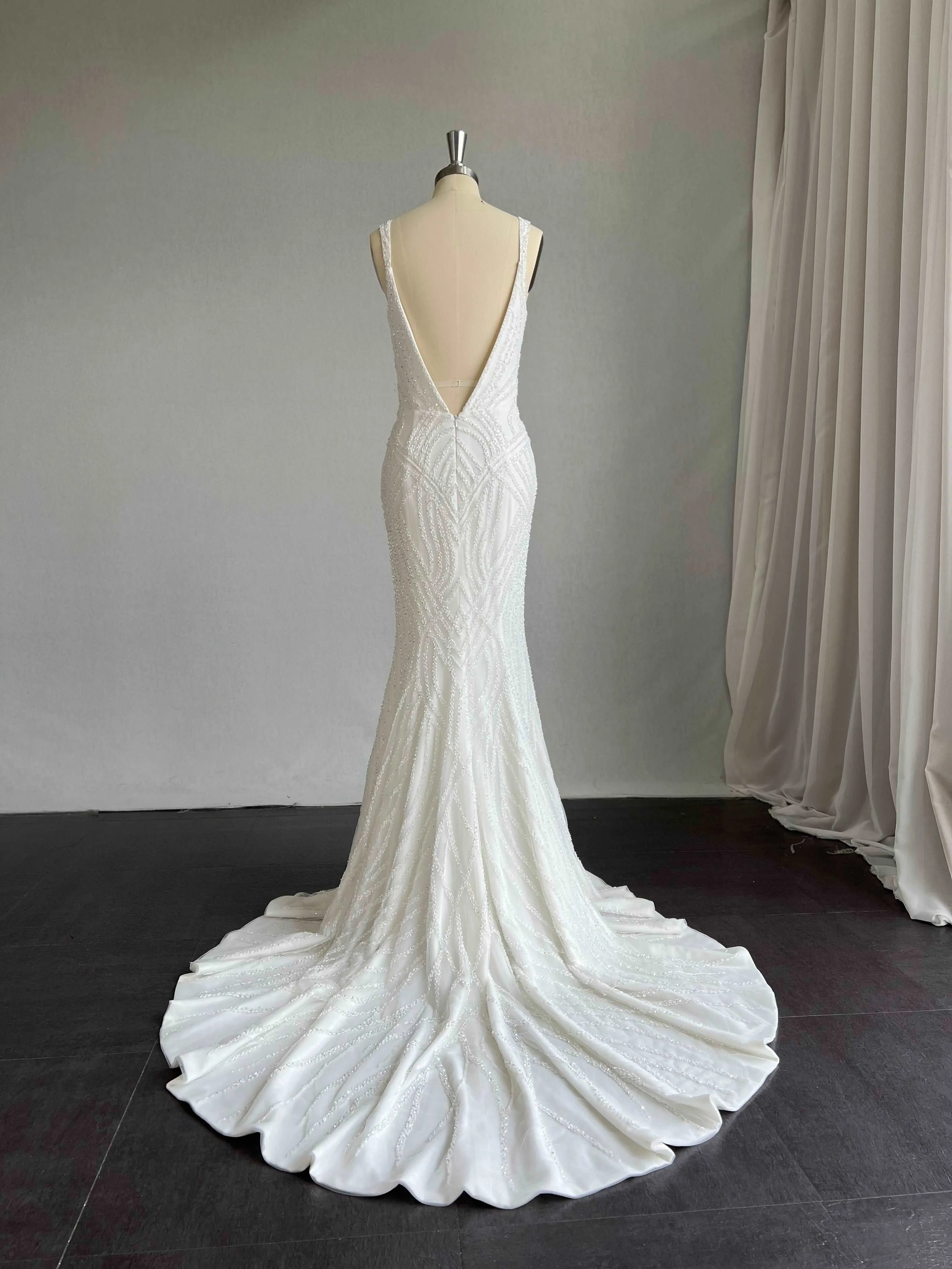 Plunge Neckline Beaded Wave Lace Crepe Fit & Flare Wedding Dress | Amelia