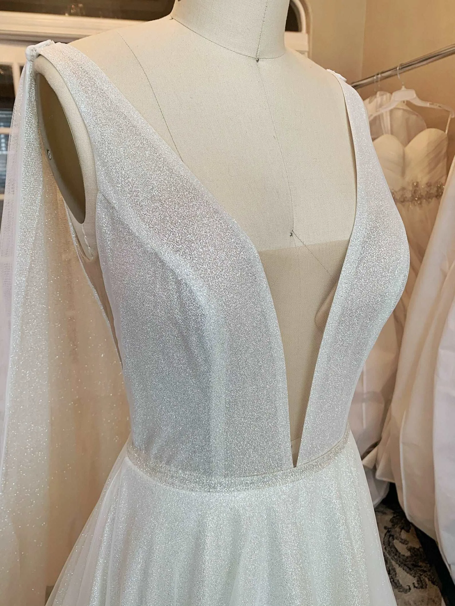 Plunge Neckline Glitter A-Line Wedding Dress with Detachable Cape | Aubrey