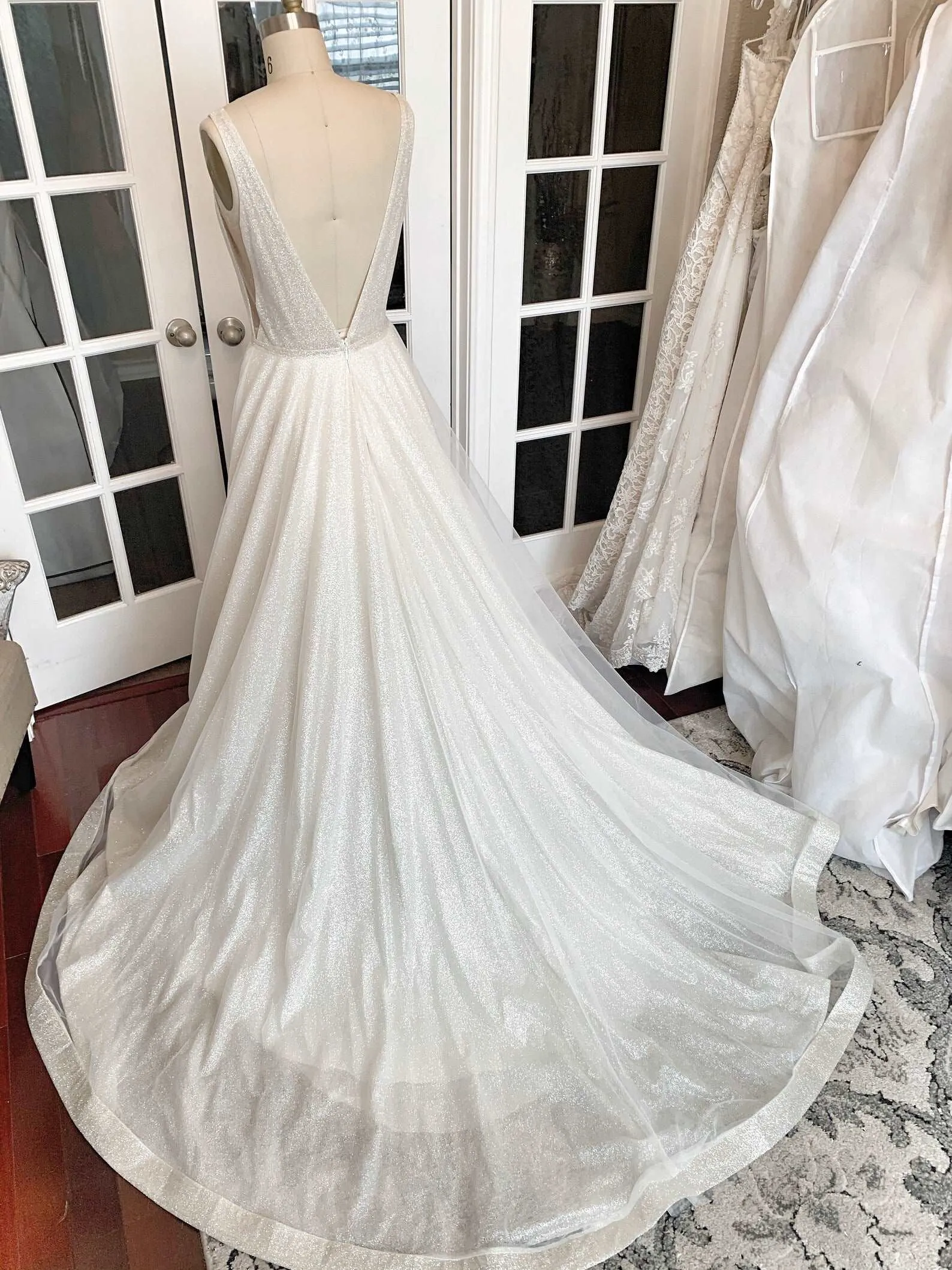 Plunge Neckline Glitter A-Line Wedding Dress with Detachable Cape | Aubrey