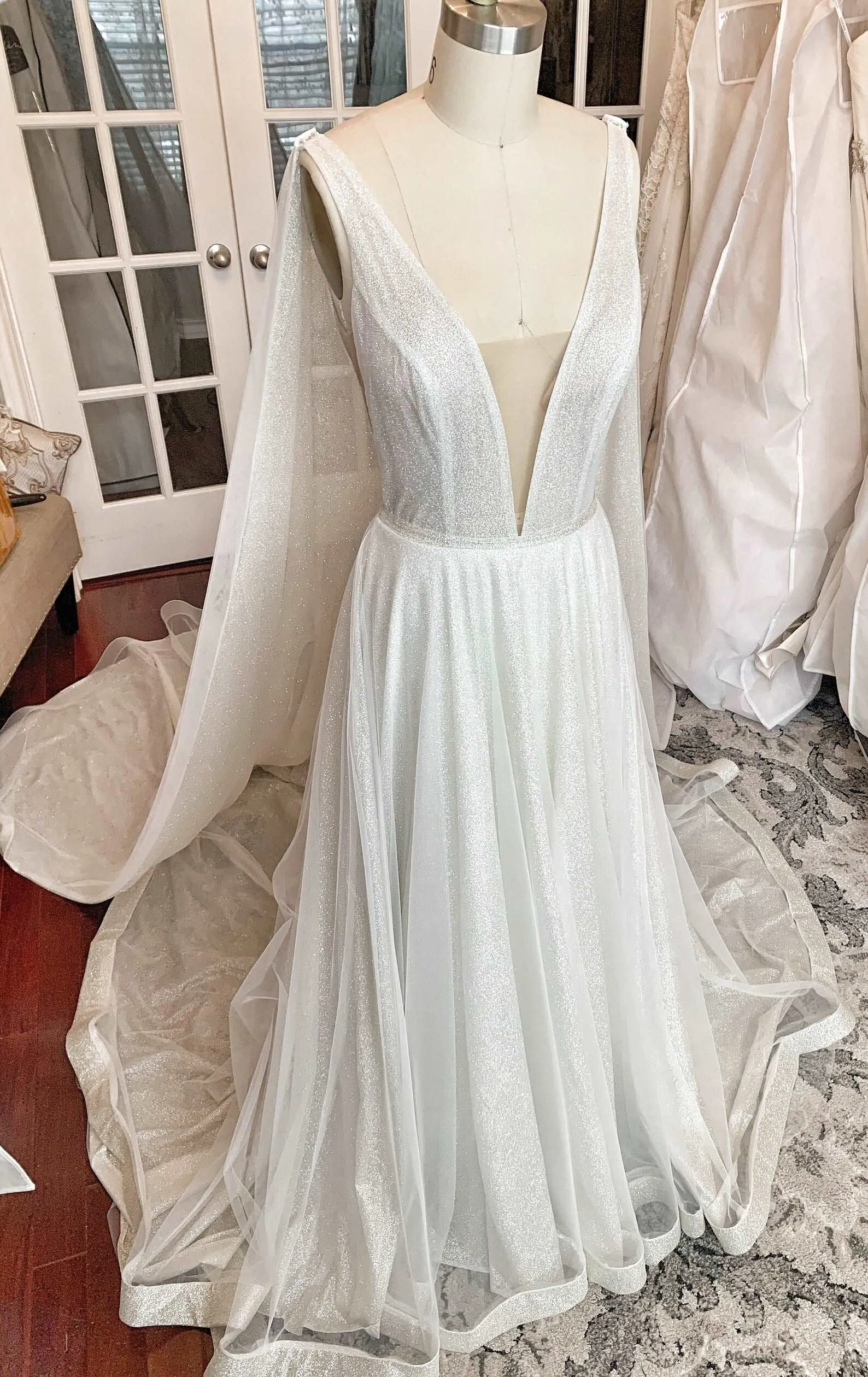 Plunge Neckline Glitter A-Line Wedding Dress with Detachable Cape | Aubrey