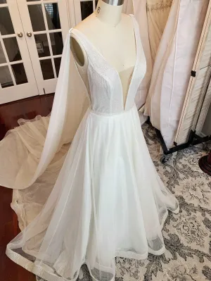 Plunge Neckline Glitter A-Line Wedding Dress with Detachable Cape | Aubrey