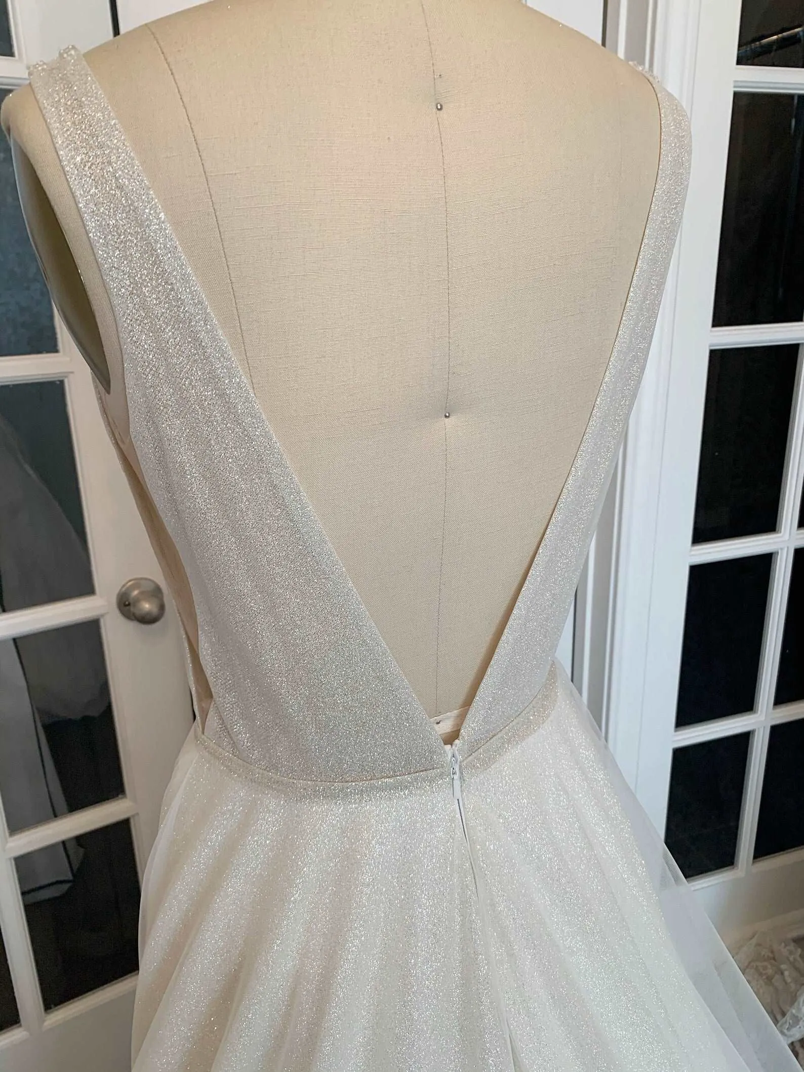 Plunge Neckline Glitter A-Line Wedding Dress with Detachable Cape | Aubrey