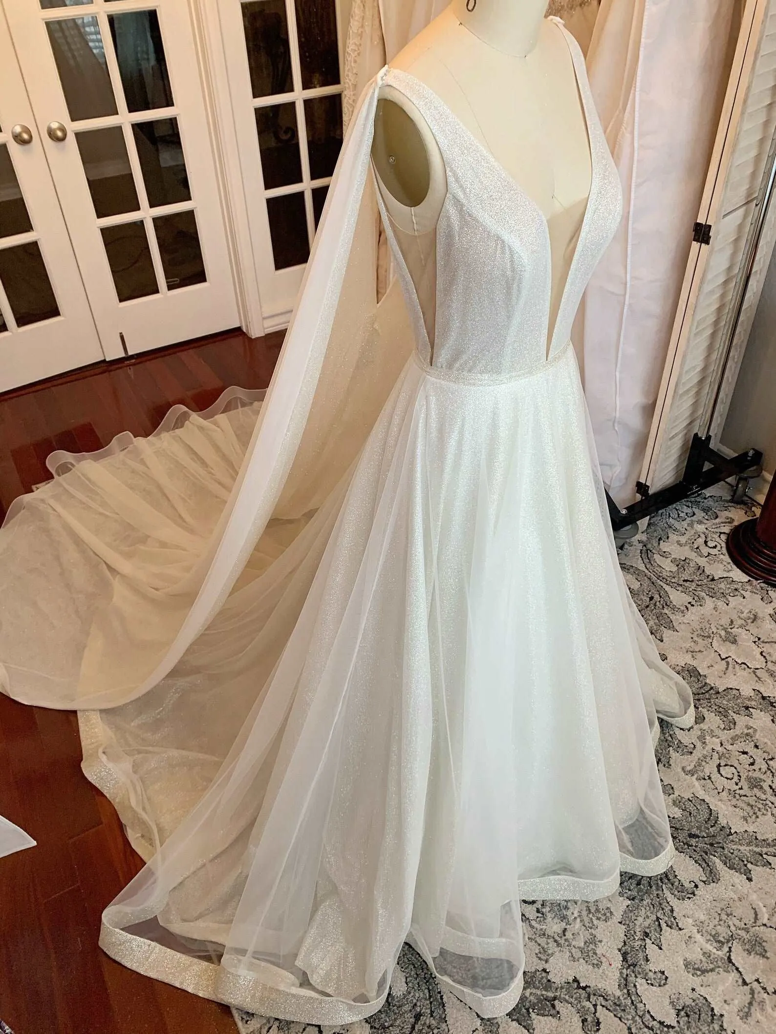 Plunge Neckline Glitter A-Line Wedding Dress with Detachable Cape | Aubrey