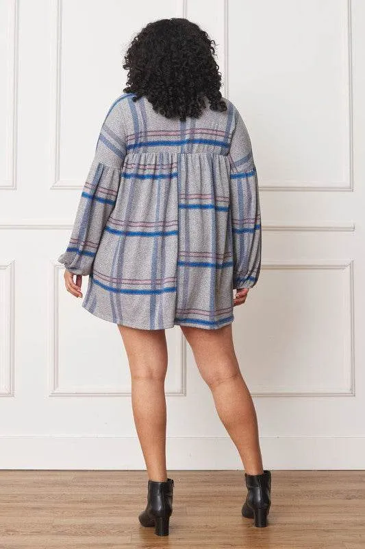 Plus Plaid Empire Waist Balloon Sleeve Mini Dress