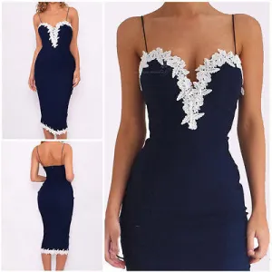 Plus Size Women Lace Printed Dress Vestido Bodycon Strappy V Neck Floral Lace Cocktail Party Short Dress Navy Blue