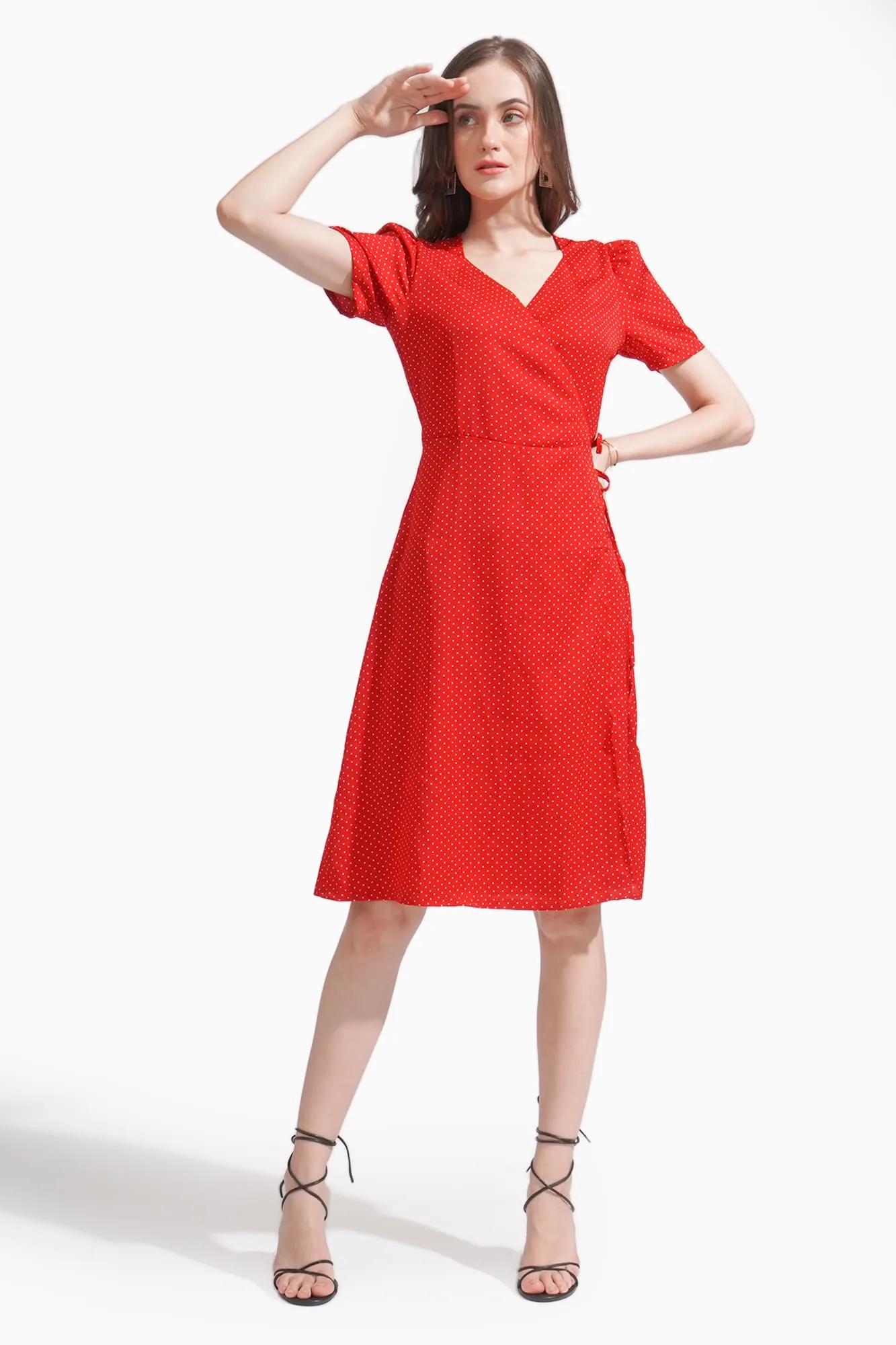 Polka Dot V-Neck Fit And Flare Dress