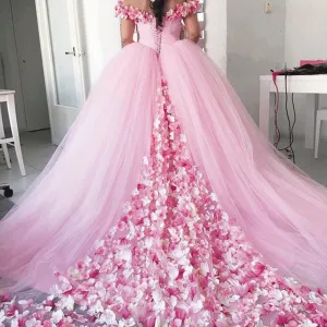 princess ball gown wedding dresses for bride handmade flowers pink elegant off the shoulder wedding gown