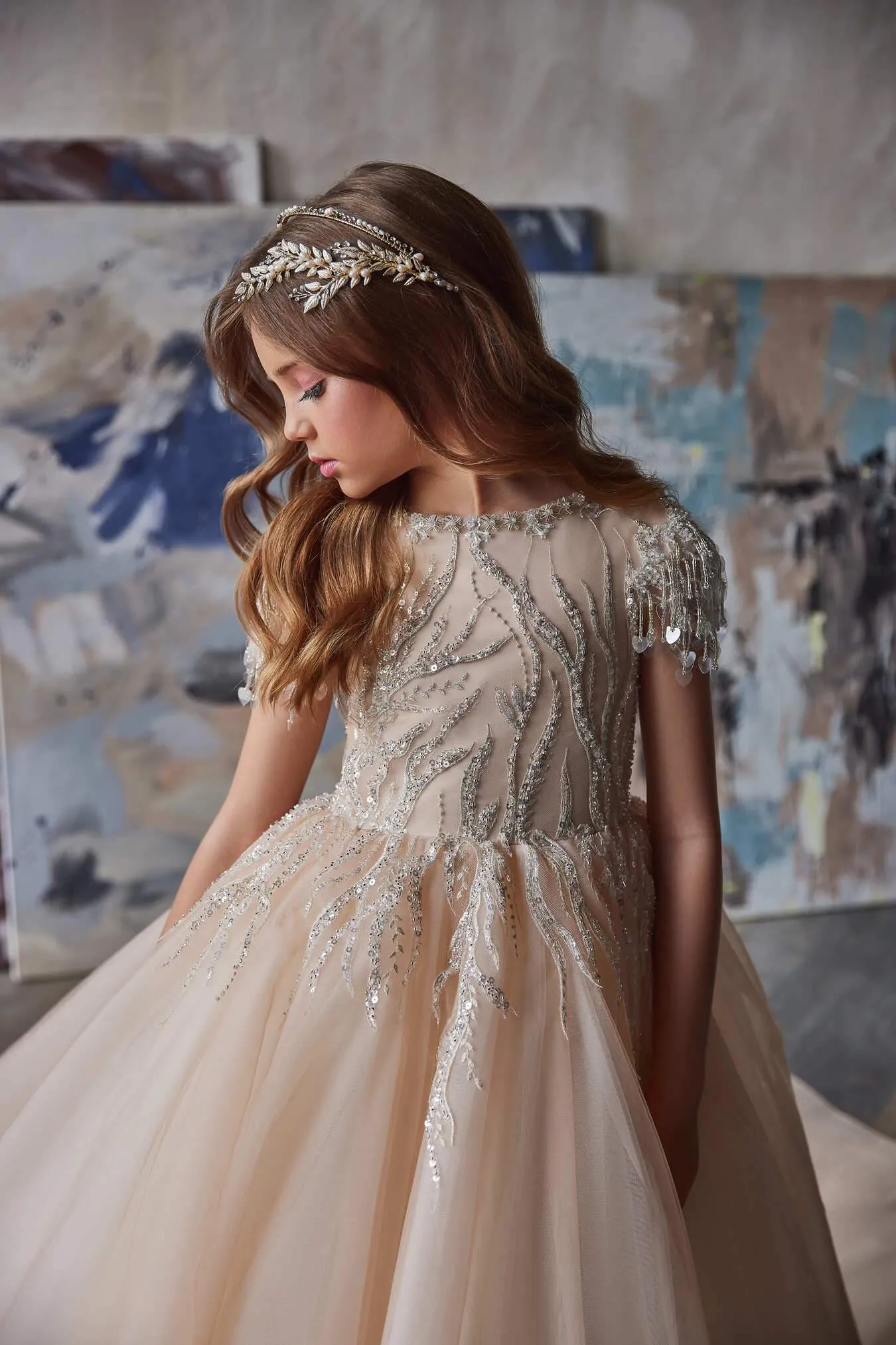 Princess Flower Girl Dress in Beige Color