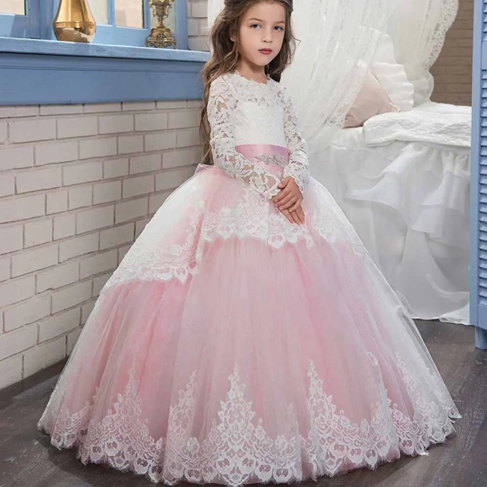 Princess Lace Flower Wedding Dress Kids Prom Puffy Tulle Ball Gown