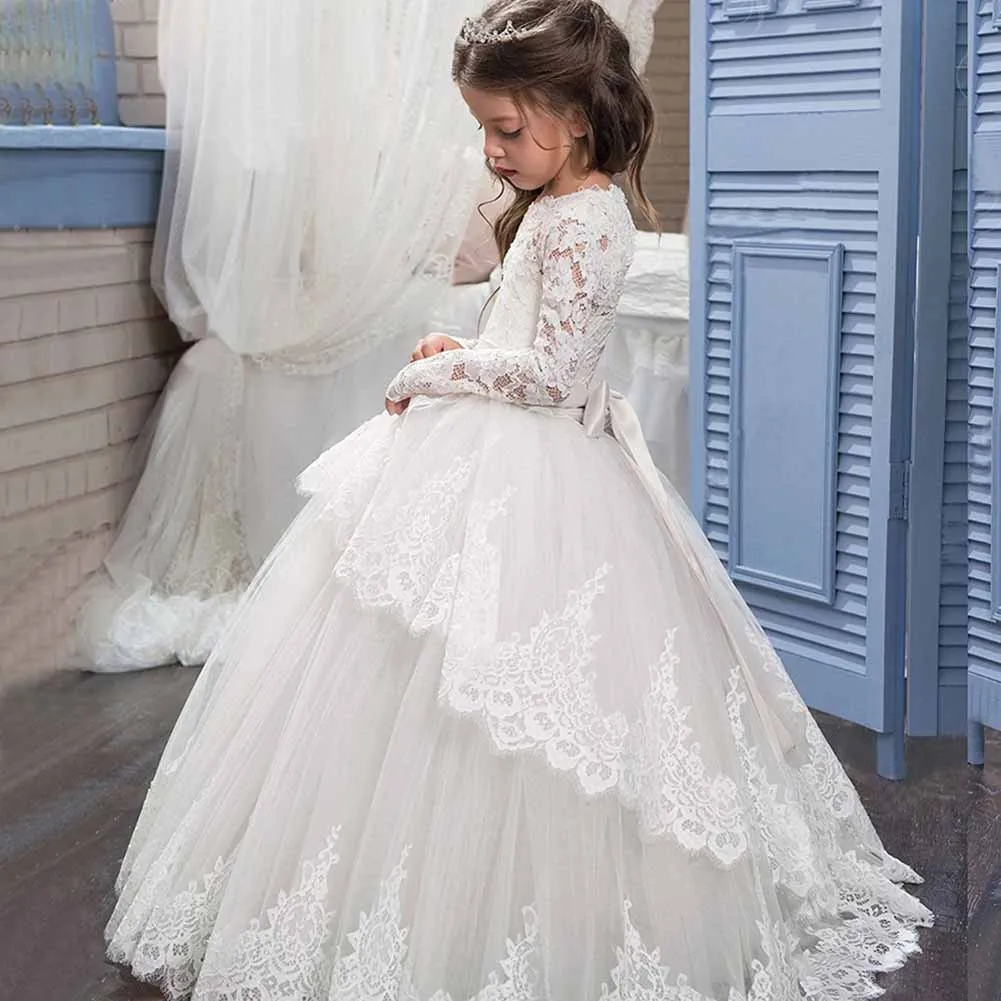 Princess Lace Flower Wedding Dress Kids Prom Puffy Tulle Ball Gown