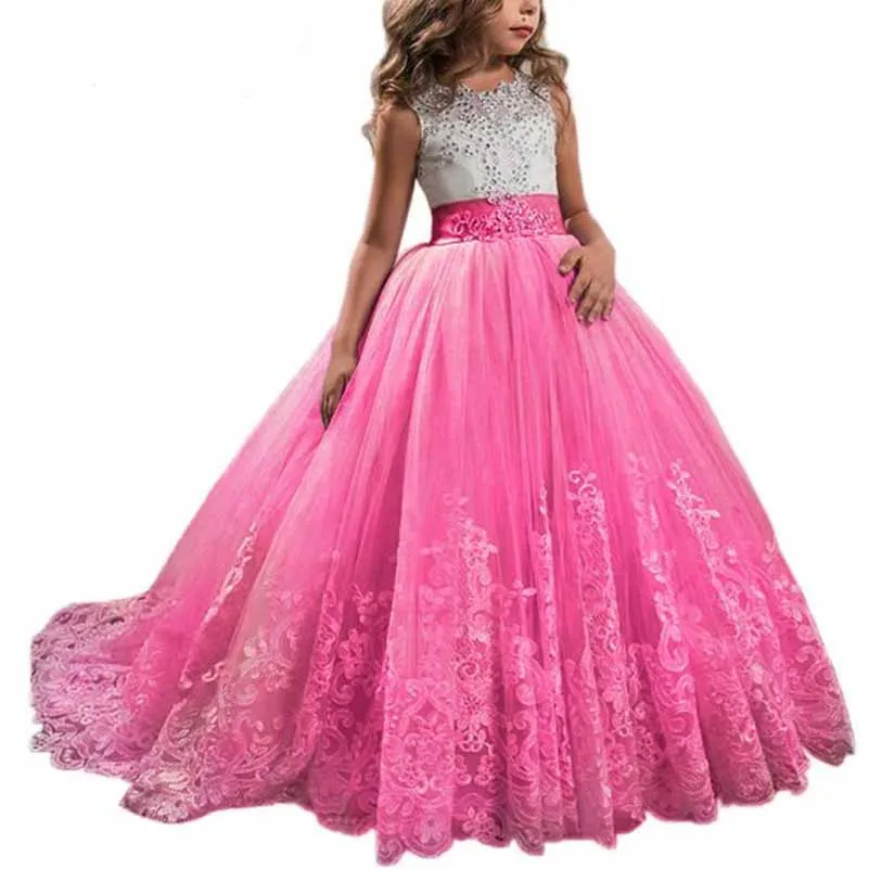 Princess Lace Flower Wedding Dress Kids Prom Puffy Tulle Ball Gowns