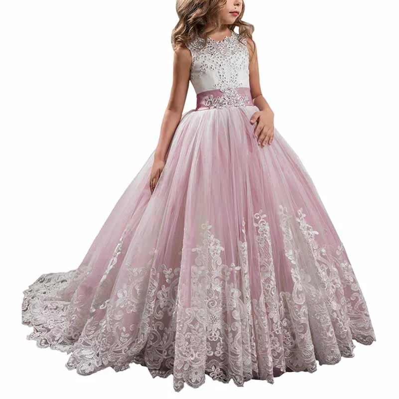 Princess Lace Flower Wedding Dress Kids Prom Puffy Tulle Ball Gowns