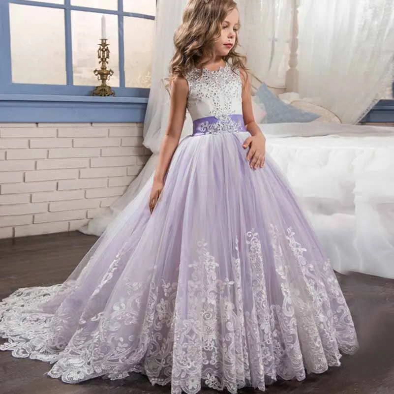Princess Lace Flower Wedding Dress Kids Prom Puffy Tulle Ball Gowns