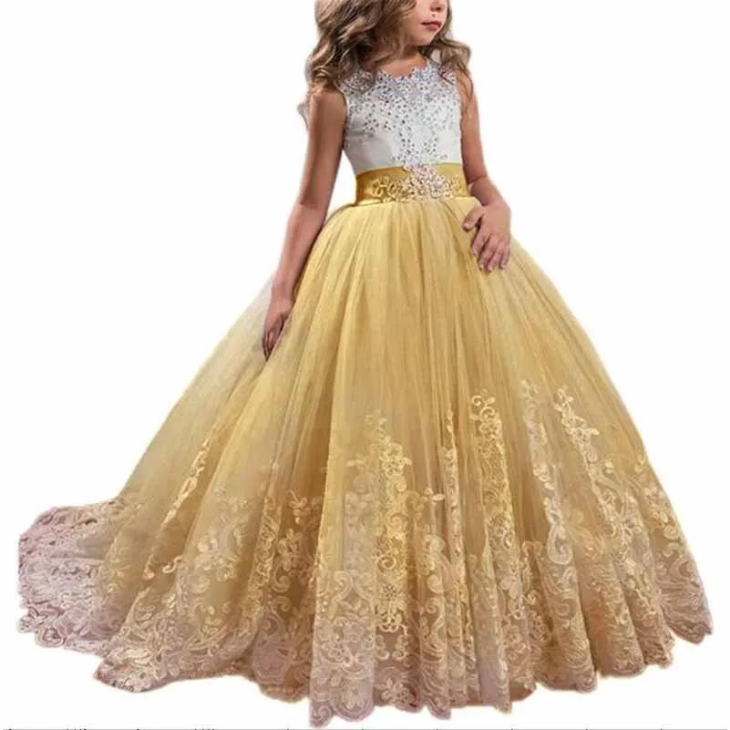 Princess Lace Flower Wedding Dress Kids Prom Puffy Tulle Ball Gowns