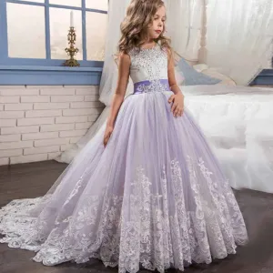 Princess Lace Flower Wedding Dress Kids Prom Puffy Tulle Ball Gowns