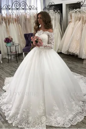 Princess Off-the-shoulder Wedding Dresses Ivory Lace Long Sleeves