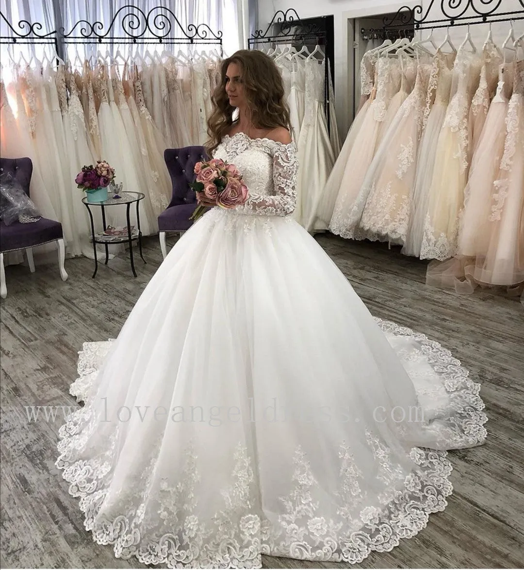 Princess Off-the-shoulder Wedding Dresses Ivory Lace Long Sleeves
