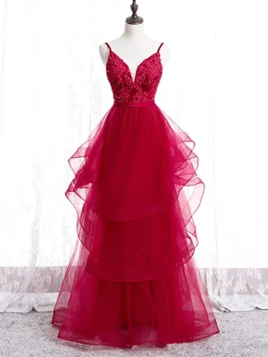 Princess V Neck Backless Lace Long Burgundy Prom, V Neck Backless Burgundy Lace Formal, Burgundy Lace Evening
