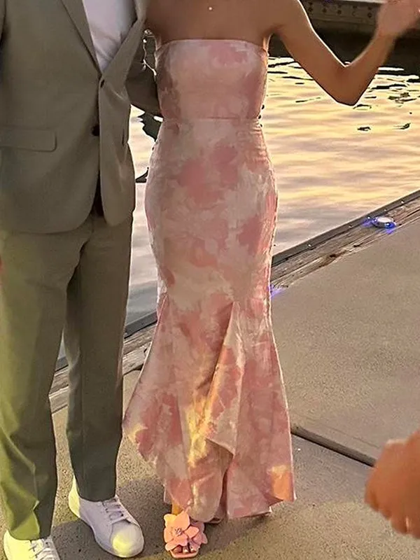 Printed Sweetheart Sleeveless Mermaid Satin Long Evening Prom Dresses Online, OLP791