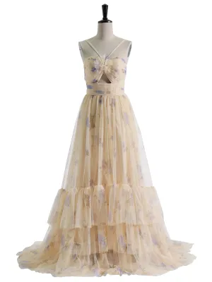 Printed Tulle A-Line Tiered Party Dress Photo Shoots Gowns YE2537