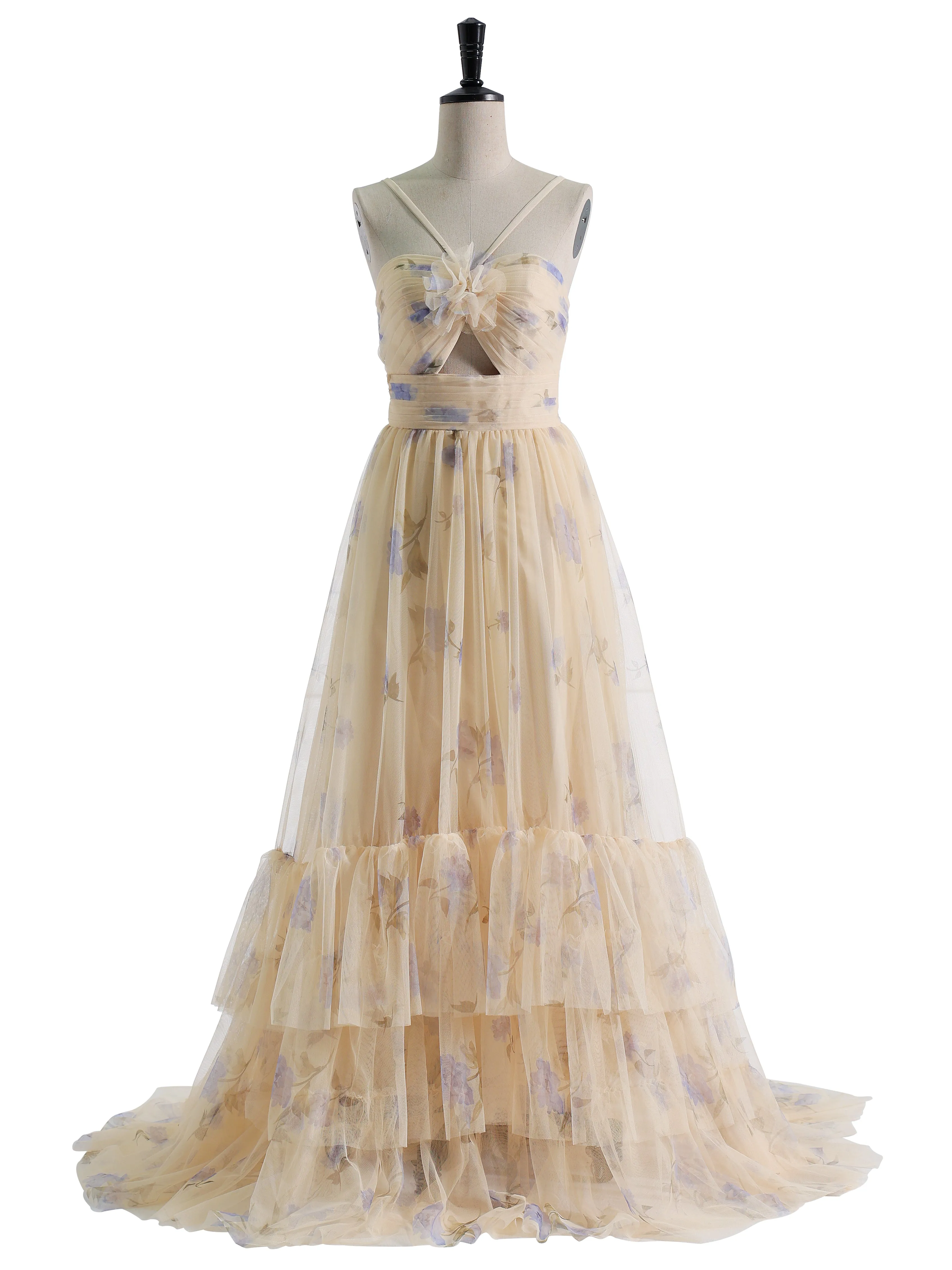 Printed Tulle A-Line Tiered Party Dress Photo Shoots Gowns YE2537