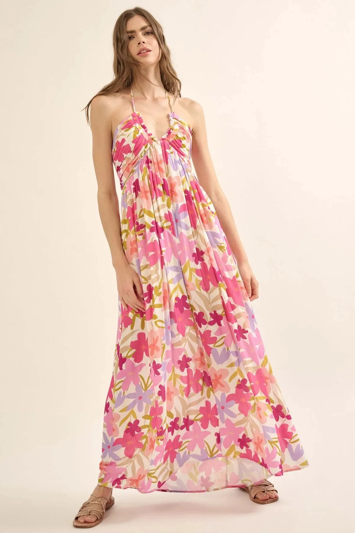 Promesa Jungle Blooms Floral Halter Tie-Back Maxi Dress