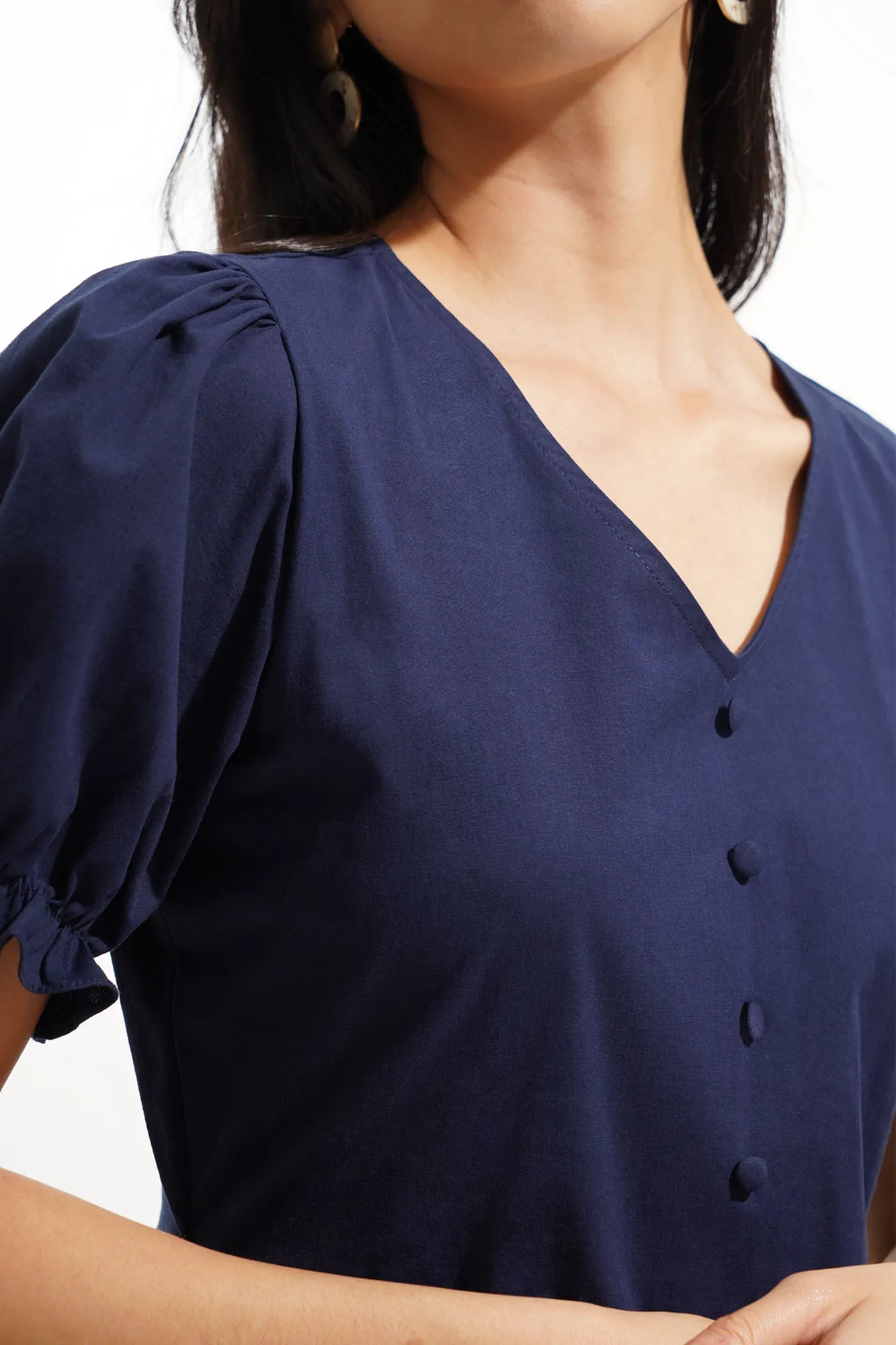 Puff Sleeve V-Neck Fit And Flare Dress