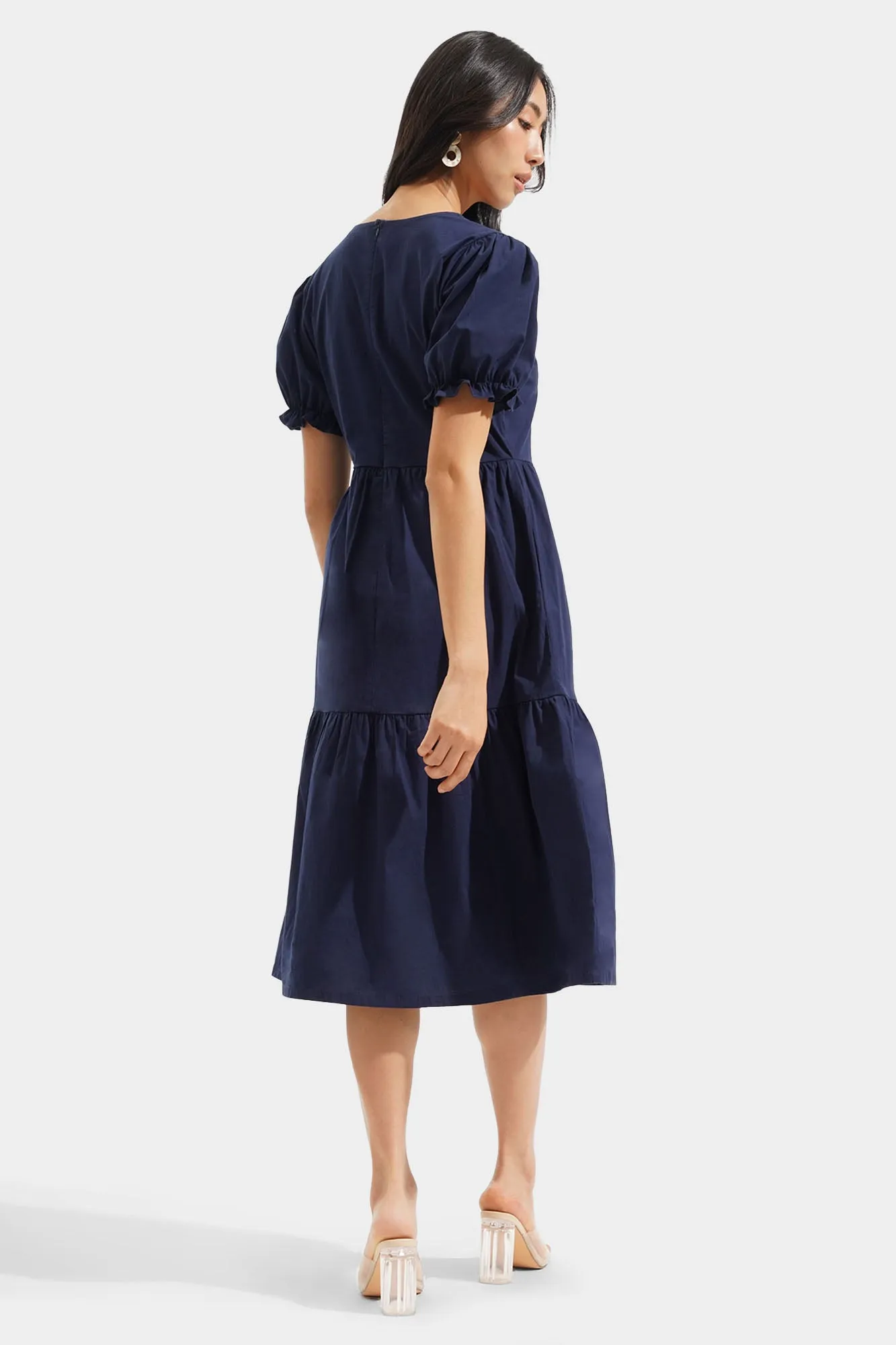 Puff Sleeve V-Neck Fit And Flare Dress