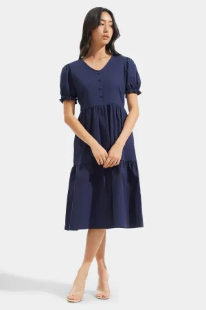 Puff Sleeve V-Neck Fit And Flare Dress
