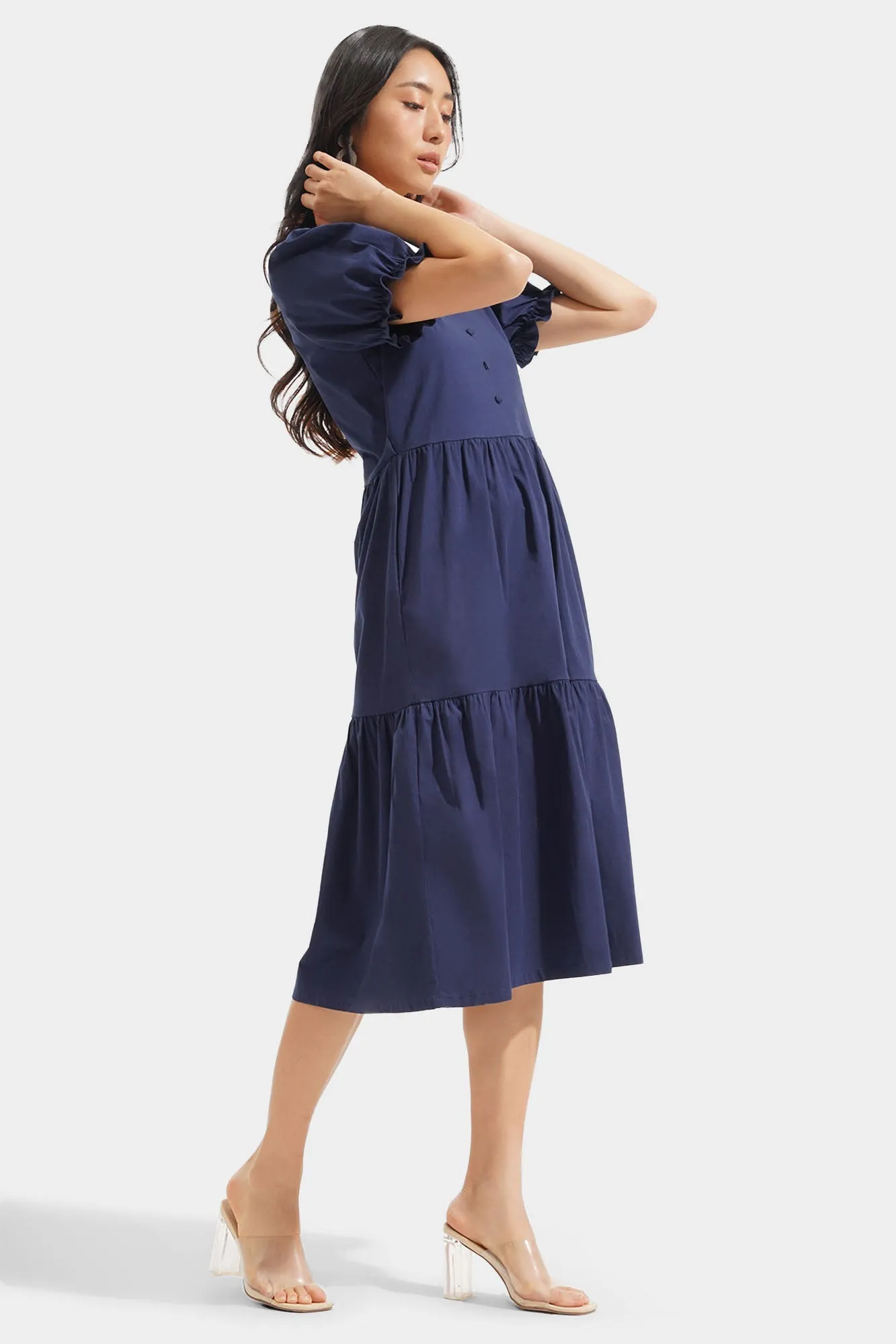 Puff Sleeve V-Neck Fit And Flare Dress