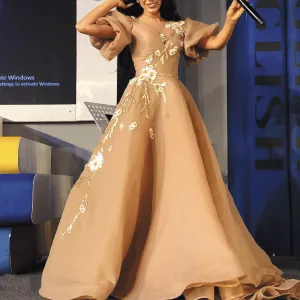 puffy sleeve champagne prom dresses long lace applique elegant arabic prom gown vestido longo