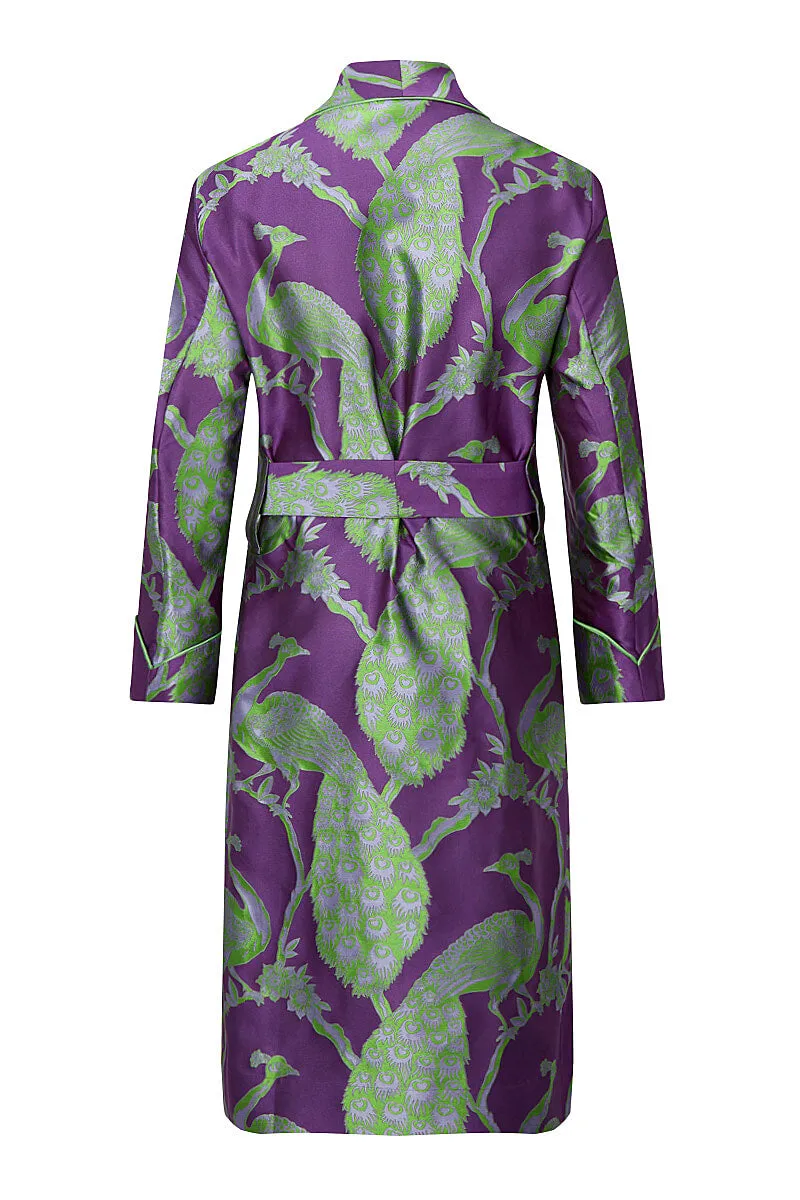 Purple & Green Peacock Unlined Silk Dressing Gown