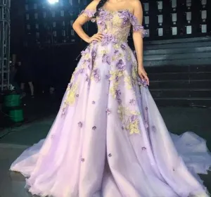 purple prom dresses ball gown 2020 off the shoulder lace appliqué handmade flower prom gown
